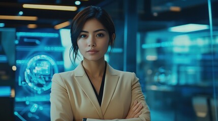 Poster - A confident professional woman stands in a modern office with digital displays in the background.