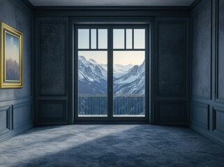 Poster - A minimalist room with a scenic mountain view through large windows.