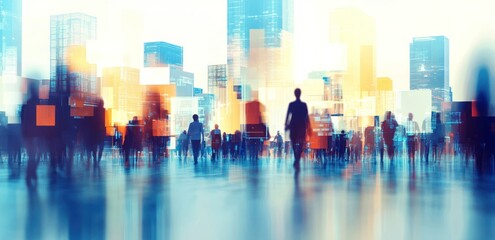 Poster - A blurred cityscape with silhouettes of people amidst modern skyscrapers.