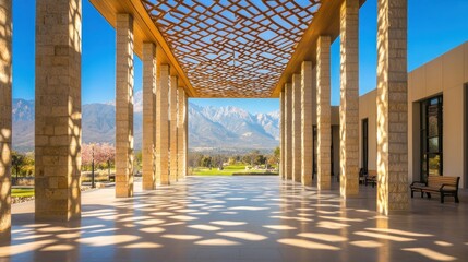 Aufkleber - A serene architectural space with columns and a patterned ceiling, framed by mountains.