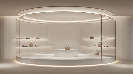 Aufkleber - A minimalist retail display featuring shoes and bags in a modern, well-lit environment.