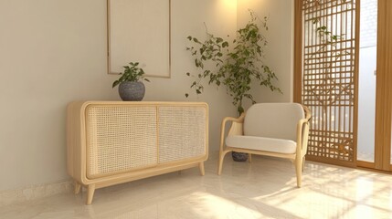 Poster - A serene interior featuring a light wood cabinet, a cozy chair, and indoor plants.