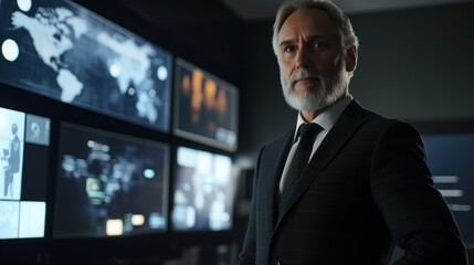 Poster - A distinguished man stands in a high-tech control room with multiple screens displaying data.