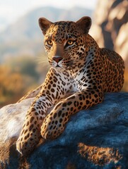 Poster - A realistic depiction of a leopard resting on a rock in a natural setting.