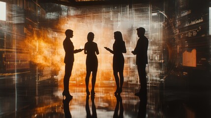 Poster - Silhouetted figures in business attire engaged in discussion against a digital backdrop.