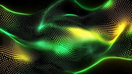 Poster - Abstract wave pattern with green and yellow dots creating a dynamic visual effect.