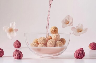 Poster - A bowl of lychee fruit surrounded by floral elements and pink liquid.