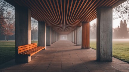 Poster - A serene corridor with wooden beams and a bench, surrounded by misty greenery.