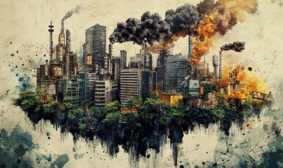 Wall Mural - Industrial island, smoke, pollution, cityscape, trees.