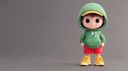 Leinwandbilder - A cute cartoon character wearing a green hoodie and yellow sneakers, posing playfully.