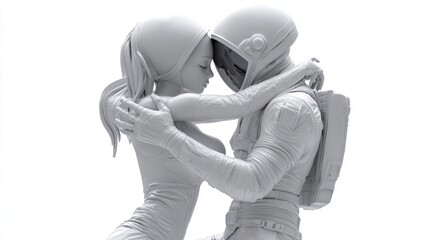 Aufkleber - A sculptural representation of an astronaut and a woman embracing, conveying intimacy and connection.