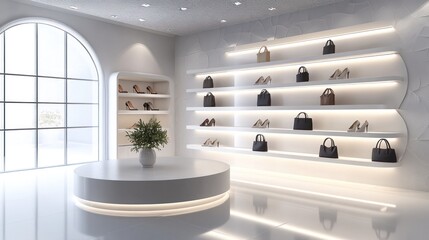 Poster - A modern retail space showcasing handbags and shoes with elegant lighting and decor.