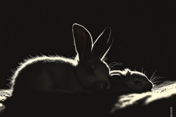 Poster - Silhouetted rabbits resting peacefully in low light, highlighting their soft fur and ears.