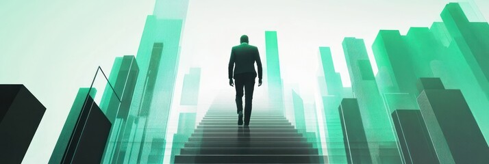 Poster - A silhouette of a person ascending stairs in a futuristic cityscape.