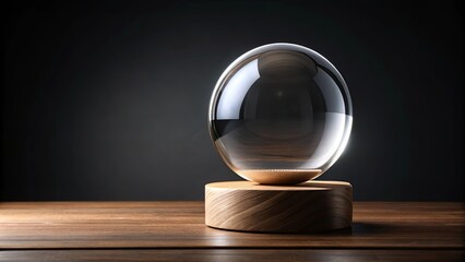 A levitating glass sphere on a wooden base, a modern minimalist design element for interior decoration