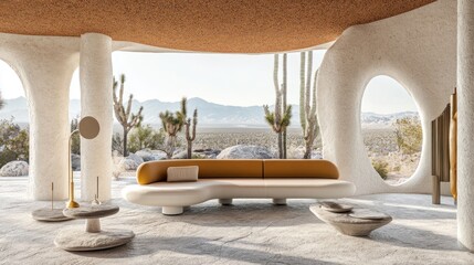 Poster - A modern, minimalist living space with organic shapes and desert views.