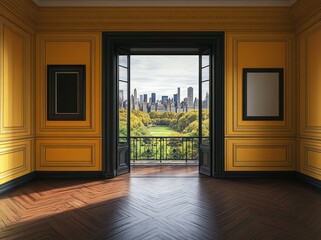 Poster - A bright yellow room with an open balcony showcasing a view of a city skyline and park.
