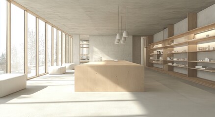 Aufkleber - Modern interior space with large windows, wooden furniture, and minimalistic design.
