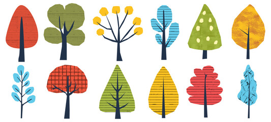 Aufkleber - Childish collage of paper naive cutout color tree elements set with abstract texture.  Flat modern illustration for spring or eco themed posters. Hand drawn stylized foliage for 