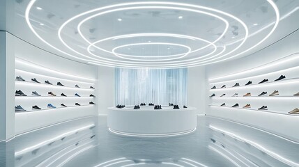 Aufkleber - A modern shoe store interior with illuminated displays and sleek design.