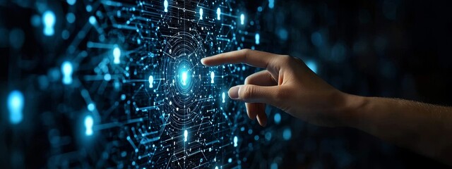 Poster - A business operator working on a worldwide network structure, managing data exchanges and customer connections with an updated computer UI.