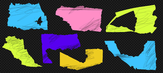 Aufkleber - Torn grain color paper pieces with scribbles, vector scrap edges at the transparent bg as a png. Abstract background with cutout shapes, headline pieces, and paint effects.