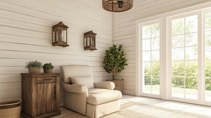 Poster - Cozy living space with natural light, plants, and wooden decor.