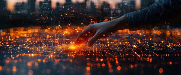 Poster - A woman's hand touching wireless network and connection technology elements over an abstract cityscape.