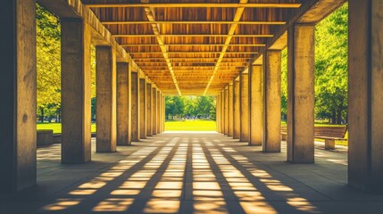 Poster - A serene passageway with columns and a wooden ceiling, leading to a bright green park.