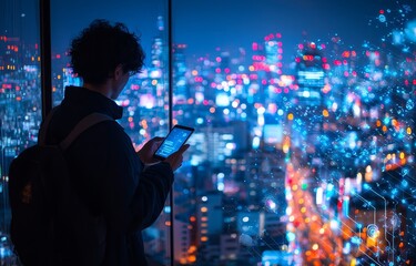 Poster - A businessman stands in a modern space, using his smartphone while looking at the city night view. This represents business wireless network and connection technology concepts.