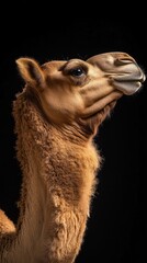 Aufkleber - Close-up of a camel's head against a dark background, highlighting its features.