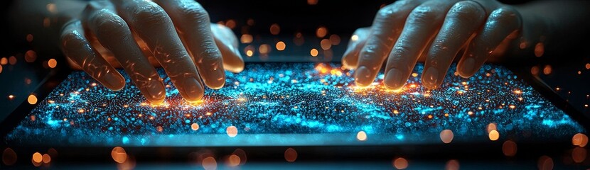 Poster - An engineer uses a digital tablet to inspect the automatic welding robotic arms. Augmented reality and monitoring software are employed in this smart factory.