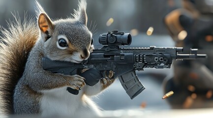 Poster - A squirrel holding a rifle, blending humor and surrealism in an unusual scene.