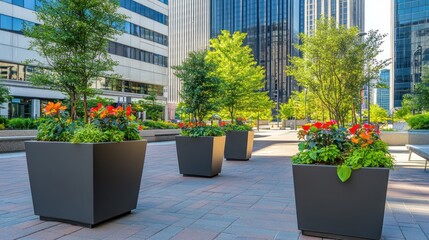 Poster - Urban landscape featuring decorative planters with vibrant flowers in a modern city setting.