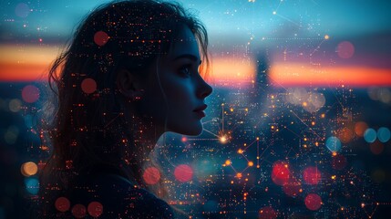 Poster - A double exposure showing an Asian woman on a smartphone alongside a 5G telecommunication tower with a cellular network antenna, against the backdrop of a smart city.