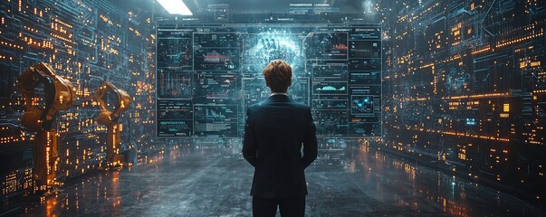 Poster - A female industrial engineer operates automation robot arms in a smart factory, using real-time monitoring system software, embodying the digital future of manufacturing.