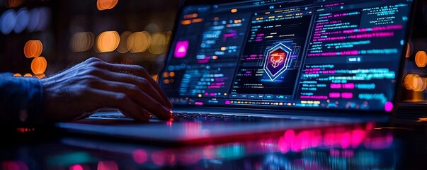 Poster - A businessman utilizes a smartphone and laptop to manage firewall security, concentrating on data protection, information safety, encryption, and secure access to personal user data.
