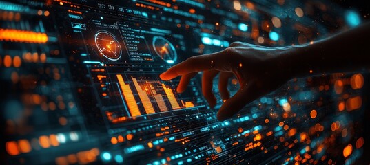 Poster - A business professional holds a VR screen displaying the concept of big data analysis and future technology in business analytics against a blurred background.