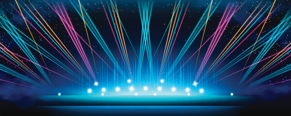 Poster - Stage lighting spectacular scene - bright luminous spotlights row on dark background with neon blue, pink and orange laser beams shooting upward, falling glitter dots. Nightclub or performance stage.