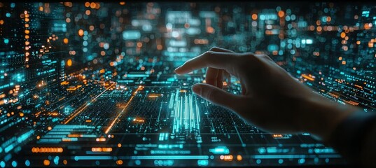 Poster - A professional in business attire presents the future of business analytics and big data analysis technology on a VR screen, with a blurred background.