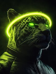 Poster - A stylized leopard with glowing green eyes and a neon halo, exuding a futuristic vibe.