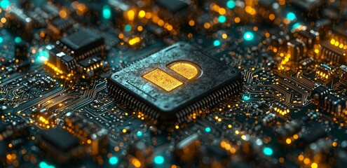 Poster - Cybersecurity. A digital padlock icon representing cybersecurity technology and network data protection on a virtual dashboard. Online internet access control to prevent cyber attacks.