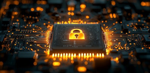 Poster - Cybersecurity. A digital padlock representing network and data protection technology on a virtual dashboard. Online internet access control measures to prevent cyber attacks.