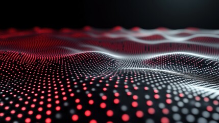 Fototapete - Abstract representation of waves using red and white dots on a dark background.