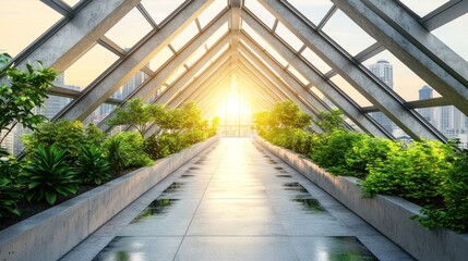 Poster - A modern glass structure with greenery, leading to a bright sunrise.