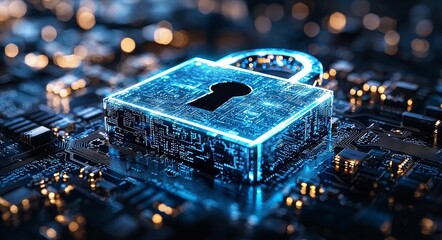 Poster - Cyber security illustrated by a digital padlock icon. Virtual dashboard displaying network and data protection technology, ensuring authorized online internet access and shielding business data from