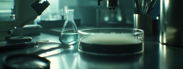 Aufkleber - A laboratory scene featuring a microscope, glassware, and a petri dish with a solution.