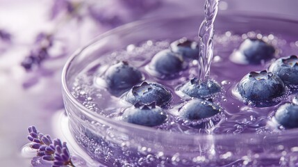 Poster - A close-up of blueberries in sparkling water with lavender accents.