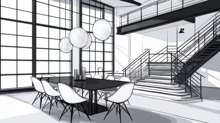 Aufkleber - Modern interior design featuring a dining area and staircase in a minimalist style.