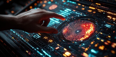 Poster - Concept of Big Data. Digital neural networks. A businesswoman's hand touching stock introductions. The future of cyberspace. Innovation and science in technology.